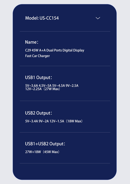 USAMS US-CC154 C29 Dual Ports Digital Display Fast Car Charger