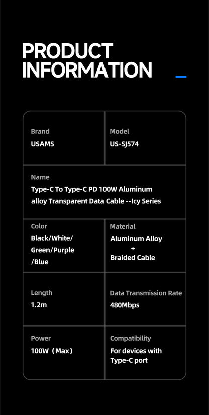 USAMS US-SJ574 Type-C To Type-C PD 100W Aluminum alloy Transparent Data Cable - Icy Series (1.2M)