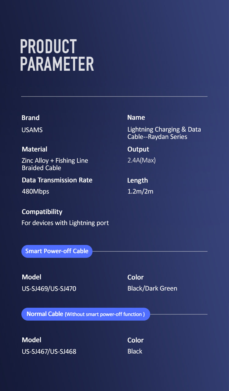 USAMS US-SJ470 Lightning Smart Power Off Cable - Rayden Series (2M)