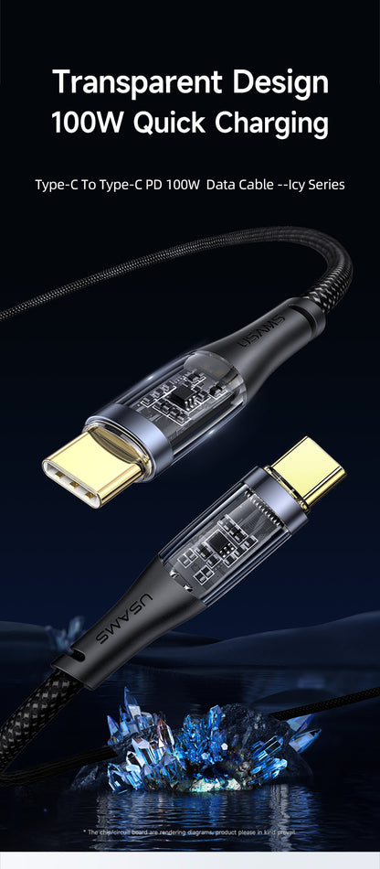 USAMS US-SJ574 Type-C To Type-C PD 100W Aluminum alloy Transparent Data Cable - Icy Series (1.2M)