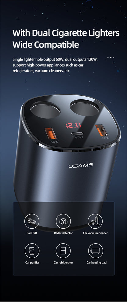 USAMS US-CC151 C28 245W 2A+C 3 Ports + Dual Cigarette Lighters Digital Display Fast Car Charger