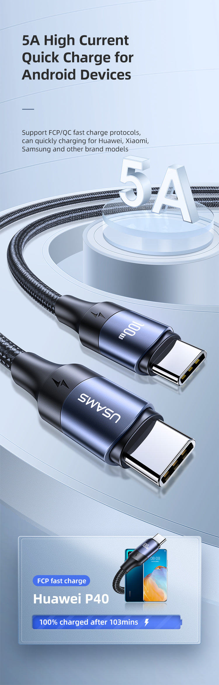 USAMS US-SJ526 Type C to Type C 100W PD Fast Charging & Data Cable (3M)