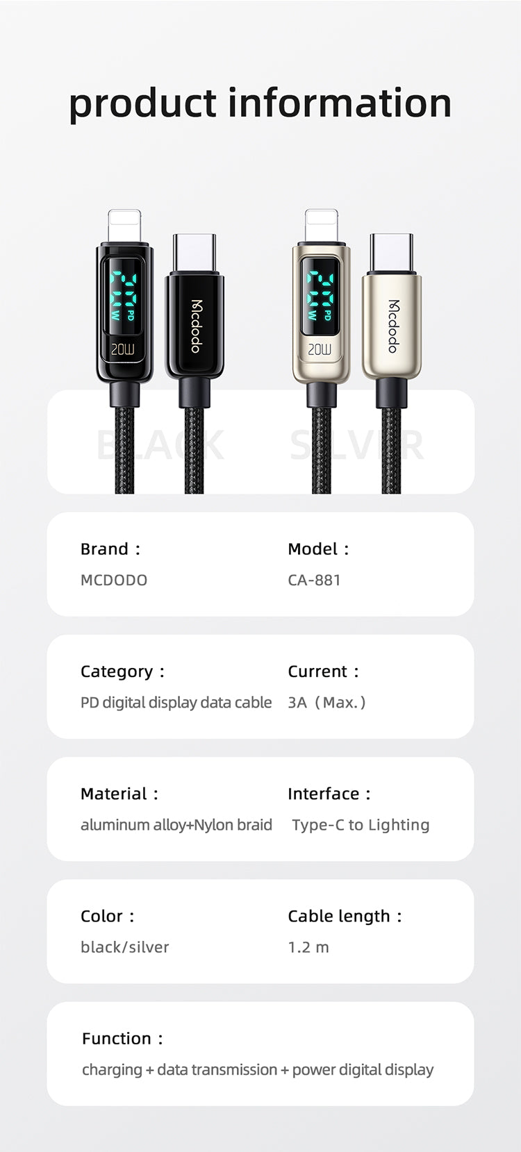 MCDODO CA-881 Digital Pro Type-c to Lightning 20W Data Cable