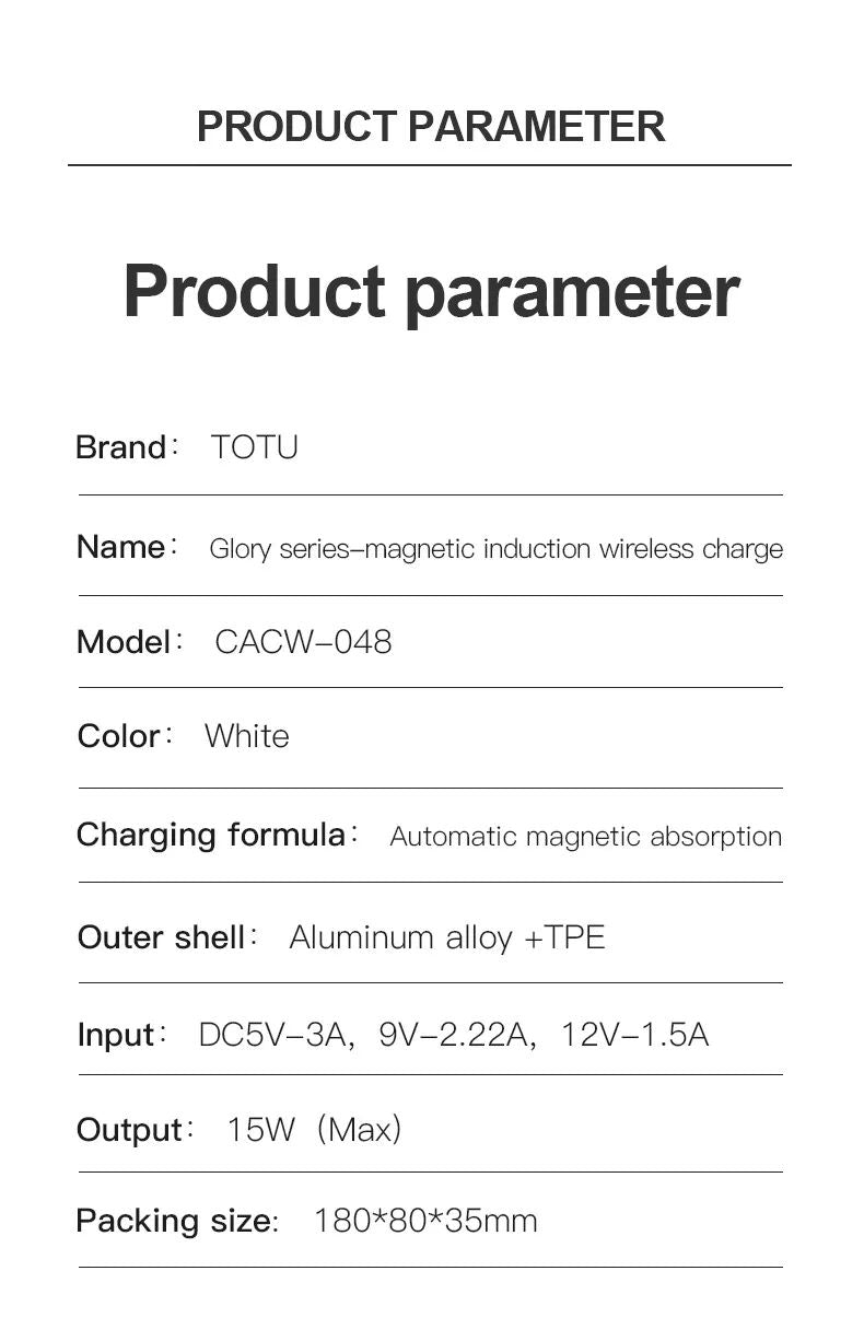 TOTU DESIGN CACW-048 Glory Series 15W Magnetic Wireless Charger