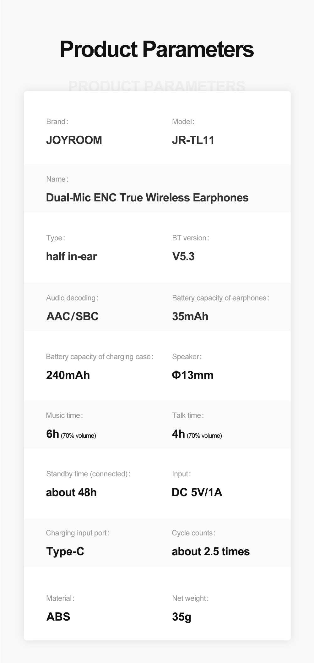JOYROOM TL11 Dual-Mic ENC True Wireless Earphones