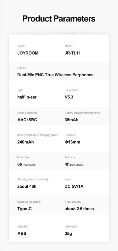 JOYROOM TL11 Dual-Mic ENC True Wireless Earphones